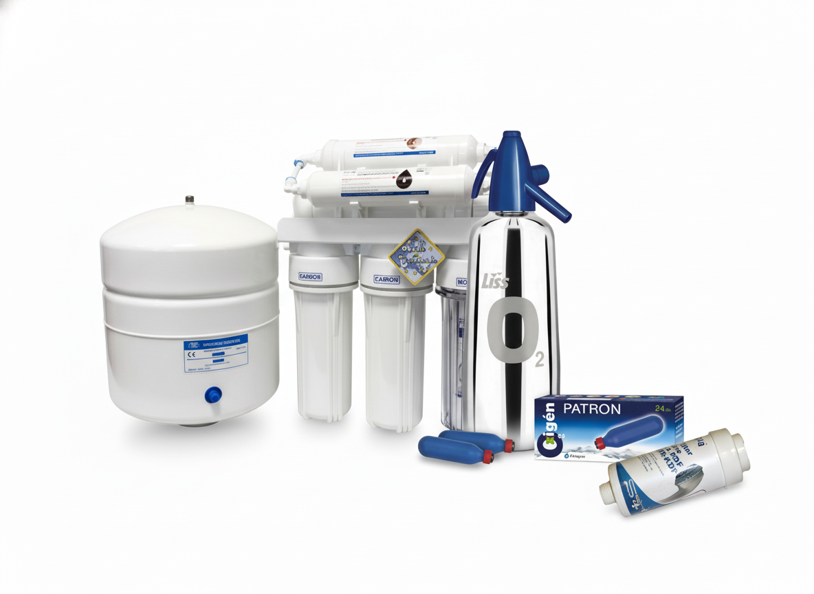 RO víztisztító + Oxigénszifon + 5 doboz (120db) oxigénpatron + zuhanyszűrővel